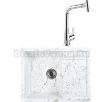 Комплект Мойка Wisent WB22-13, мрамор бело-золотой + Смеситель MEGA Life MG-TK09, хром