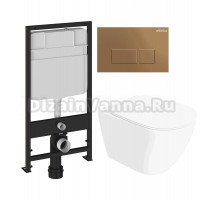 Комплект 3 в 1 Унитаз подвесной STWORKI Готланд S13401WH безободковый, с микролифтом, глянцевый белый, антивсплеск + Инсталляция EWRIKA ProLT 0026-2020 + Кнопка 0043 цвет матовое золото