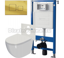 Комплект 3 в 1 Унитаз подвесной Point Афина PN41041 + Инсталляция PN45120 + Кнопка PN44041G цвет золото