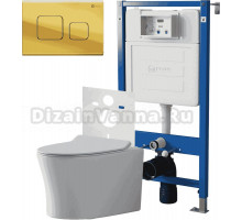 Комплект 3 в 1 Унитаз подвесной Point Вега PN41711 + Инсталляция PN45120 + Кнопка Афина PN44041G цвет золото