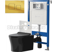 Комплект 3 в 1 Унитаз подвесной Point Вега PN41711BM + Инсталляция PN45120 + Кнопка Афина PN44041G цвет золото