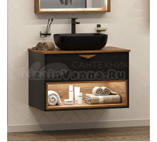 Тумба с раковиной Brevita Bergen 80 подвесная, с подсветкой, дуб галифакс олово, черный