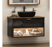 Тумба с раковиной Brevita Bergen 90 подвесная, с подсветкой, дуб галифакс олово, черный