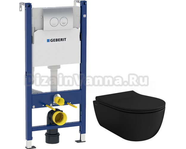 Комплект Унитаз подвесной Bocchi V-Tondo 1416-004-0129 черный матовый, с крышкой A0336-004 с микролифтом + Система инсталляции для унитазов Geberit UP100 458.124.21.1S с кнопкой смыва хром
