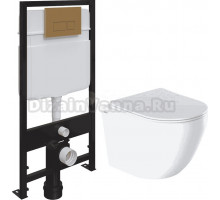 Комплект Унитаз подвесной IDDIS Blanco BLARDSEi25 безободковый, с микролифтом + Система инсталляции для унитазов EWRIKA ProLT 0026-2020 + Кнопка смыва EWRIKA 0043 золото матовое