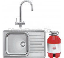 Комплект Мойка Franke LNX 611-44 нержавеющая сталь + Смеситель Eos Clear Water нержавеющая сталь + Измельчитель Turbo Elite TE-75 с пневмокнопкой