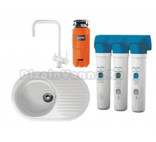 Комплект Мойка кухонная Ulgran U-107 -331 белая + Смеситель Paulmark Wetter We213030-431 белый матовый + Измельчитель Omoikiri Nagare slim 900 + Фильтр Paulmark Refine System