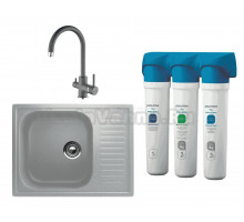 Комплект Мойка кухонная Ulgran U-202 -310 серая + Смеситель Paulmark Essen Es213211-402 серый металлик + Фильтр Paulmark Refine System