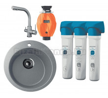 Комплект Мойка кухонная Ulgran U-405 -309 темно-серая + Смеситель Paulmark Essen Es213011-402 серый металлик + Измельчитель Omoikiri Nagare 500 + Фильтр Paulmark Refine System