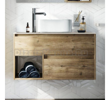 Тумба под раковину со столешницей STWORKI Карлстад 90 дуб рустикальный, простоун беж, с отверстием для смесителя