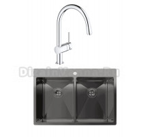 Комплект Мойка Rivelato Rinox 7450 2В PVD black + Смеситель Grohe Minta 3291800E хром