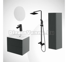 Комплект IDDIS 6в1: тумба подвесная с умывальником Bild 60 см + зеркало с термообогревом Bild + пенал Bild подвесной + душевая система Bild + смеситель для умывальника Bild