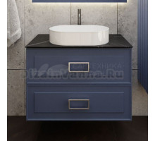 Тумба под раковину со столешницей La Fenice Cubo Twin Blu Grigio 100 подвесная, синяя матовая, столешница черный мрамор, ручки белые