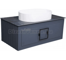 Тумба с раковиной La Fenice Cubo 90 подвесная, blu grigio, ручка черная, столешница черный мрамор, раковина белая матовая
