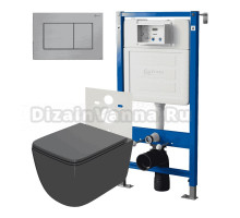 Комплект Унитаз подвесной Point Меркурий PN41831GM серый матовый, безободковый, с микролифтом + Система инсталляции для унитазов Point PN45120 + Кнопка смыва Point Ника PN44081SB нержавеющая сталь, сталь брашированная