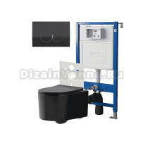 Комплект Унитаз подвесной Point Веста PN41701BM черный матовый, безободковый, с микролифтом + Система инсталляции для унитазов Point PN45120 + Кнопка смыва Point Виктория PN44061BC черная, хром