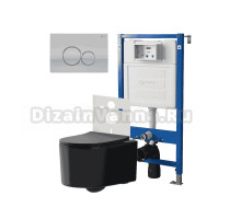 Комплект Унитаз подвесной Point Веста PN41701BM черный матовый, безободковый, с микролифтом + Система инсталляции для унитазов Point PN45120 + Кнопка смыва Point Виктория PN44061SC сатин, хром