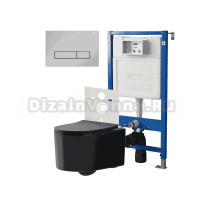 Комплект Унитаз подвесной Point Веста PN41701BM черный матовый, безободковый, с микролифтом + Система инсталляции для унитазов Point PN45120 + Кнопка смыва Point Меркурий PN44831C хром