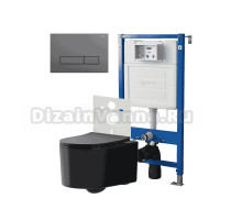 Комплект Унитаз подвесной Point Веста PN41701BM черный матовый, безободковый, с микролифтом + Система инсталляции для унитазов Point PN45120 + Кнопка смыва Point Меркурий PN44831GM графит