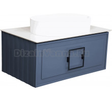 Тумба с раковиной La Fenice Cubo 80 подвесная, blu grigio, ручка черная, столешница белый мрамор, раковина матовая белая