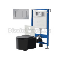 Комплект Унитаз подвесной Point Веста PN41701BM черный матовый, безободковый, с микролифтом + Система инсталляции для унитазов Point PN45120 + Кнопка смыва Point Ника PN44081C хром
