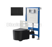 Комплект Унитаз подвесной Point Веста PN41701BM черный матовый, безободковый, с микролифтом + Система инсталляции для унитазов Point PN45120 + Кнопка смыва Point Ника PN44081BM черная матовая