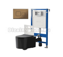 Комплект Унитаз подвесной Point Веста PN41701BM черный матовый, безободковый, с микролифтом + Система инсталляции для унитазов Point PN45120 + Кнопка смыва Point Афина PN44041BB бронза брашированная