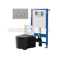 Комплект Унитаз подвесной Point Веста PN41701BM черный матовый, безободковый, с микролифтом + Система инсталляции для унитазов Point PN45120 + Кнопка смыва Point Виктория PN44061SB нержавеющая сталь, сталь брашированная