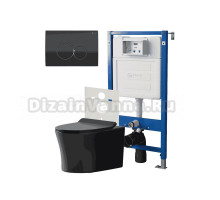Комплект Унитаз подвесной Point Вега PN41711BM черный матовый, безободковый, с микролифтом + Система инсталляции для унитазов Point PN45120 + Кнопка смыва Point Виктория PN44061BC черная, хром