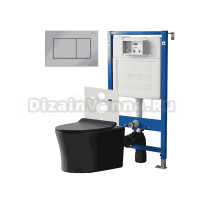 Комплект Унитаз подвесной Point Вега PN41711BM черный матовый, безободковый, с микролифтом + Система инсталляции для унитазов Point PN45120 + Кнопка смыва Point Ника PN44081C хром