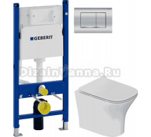 Комплект Унитаз подвесной STWORKI Олланд S01401WH + Инсталляция Geberit Duofix Delta 458.163.21.1 с кнопкой смыва, хром