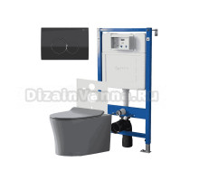 Комплект Унитаз подвесной Point Вега PN41711GM серый матовый, безободковый, с микролифтом + Система инсталляции для унитазов Point PN45120 + Кнопка смыва Point Виктория PN44061BC черная, хром