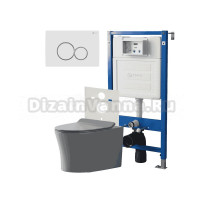 Комплект Унитаз подвесной Point Вега PN41711GM серый матовый, безободковый, с микролифтом + Система инсталляции для унитазов Point PN45120 + Кнопка смыва Point Виктория PN44061WG белая, золото