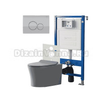 Комплект Унитаз подвесной Point Вега PN41711GM серый матовый, безободковый, с микролифтом + Система инсталляции для унитазов Point PN45120 + Кнопка смыва Point Виктория PN44061SC сатин, хром