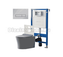 Комплект Унитаз подвесной Point Вега PN41711GM серый матовый, безободковый, с микролифтом + Система инсталляции для унитазов Point PN45120 + Кнопка смыва Point Меркурий PN44831C хром