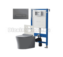 Комплект Унитаз подвесной Point Вега PN41711GM серый матовый, безободковый, с микролифтом + Система инсталляции для унитазов Point PN45120 + Кнопка смыва Point Меркурий PN44831GM графит