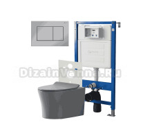 Комплект Унитаз подвесной Point Вега PN41711GM серый матовый, безободковый, с микролифтом + Система инсталляции для унитазов Point PN45120 + Кнопка смыва Point Ника PN44081C хром