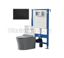 Комплект Унитаз подвесной Point Вега PN41711GM серый матовый, безободковый, с микролифтом + Система инсталляции для унитазов Point PN45120 + Кнопка смыва Point Ника PN44081BM черная матовая