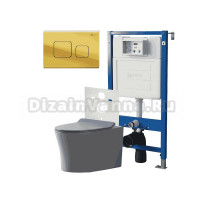 Комплект Унитаз подвесной Point Вега PN41711GM серый матовый, безободковый, с микролифтом + Система инсталляции для унитазов Point PN45120 + Кнопка смыва Point Афина PN44041G золото
