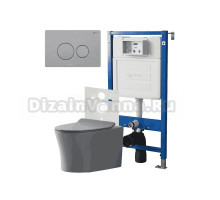 Комплект Унитаз подвесной Point Вега PN41711GM серый матовый, безободковый, с микролифтом + Система инсталляции для унитазов Point PN45120 + Кнопка смыва Point Виктория PN44061SB нержавеющая сталь, сталь брашированная