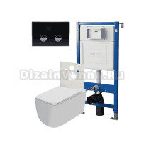 Комплект Унитаз подвесной Point Меркурий PN41831 белый глянцевый, безободковый, с микролифтом + Система инсталляции для унитазов Point PN45121 пневматическая + Кнопка смыва Point Венера PN44071BC черная, хром