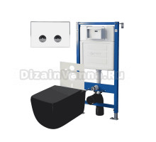 Комплект Унитаз подвесной Point Меркурий PN41831BM черный матовый, безободковый, с микролифтом + Система инсталляции для унитазов Point PN45121 пневматическая + Кнопка смыва Point Венера PN44071WC белая, хром