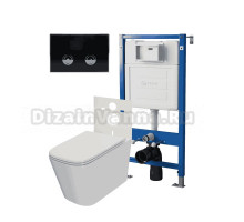 Комплект Унитаз подвесной Point Ника PN41081 белый глянцевый, безободковый, с микролифтом + Система инсталляции для унитазов Point PN45121 пневматическая + Кнопка смыва Point Венера PN44071BC черная, хром