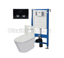 Комплект Унитаз подвесной Point Виктория PN41061 белый глянцевый, безободковый, с микролифтом + Система инсталляции для унитазов Point PN45121 пневматическая + Кнопка смыва Point Венера PN44071BC черная, хром