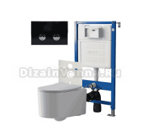 Комплект Унитаз подвесной Point Веста PN41701 белый глянцевый, безободковый, с микролифтом + Система инсталляции для унитазов Point PN45121 пневматическая + Кнопка смыва Point Венера PN44071BC черная, хром