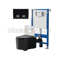 Комплект Унитаз подвесной Point Веста PN41701BM черный матовый, безободковый, с микролифтом + Система инсталляции для унитазов Point PN45121 пневматическая + Кнопка смыва Point Венера PN44071BC черная, хром