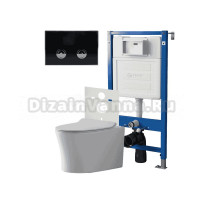Комплект Унитаз подвесной Point Вега PN41711 белый глянцевый, безободковый, с микролифтом + Система инсталляции для унитазов Point PN45121 пневматическая + Кнопка смыва Point Венера PN44071BC черная, хром