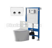 Комплект Унитаз подвесной Point Вега PN41711 белый глянцевый, безободковый, с микролифтом + Система инсталляции для унитазов Point PN45121 пневматическая + Кнопка смыва Point Венера PN44071WC белая, хром