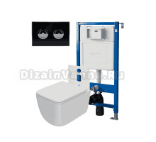 Комплект Унитаз подвесной Point Меркурий PN41831 белый глянцевый, безободковый, с микролифтом + Система инсталляции для унитазов Point PN45121 пневматическая + Кнопка смыва Point Венера PN44072BC черная, хром