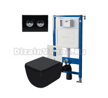 Комплект Унитаз подвесной Point Меркурий PN41831BM черный матовый, безободковый, с микролифтом + Система инсталляции для унитазов Point PN45121 пневматическая + Кнопка смыва Point Венера PN44072BC черная, хром